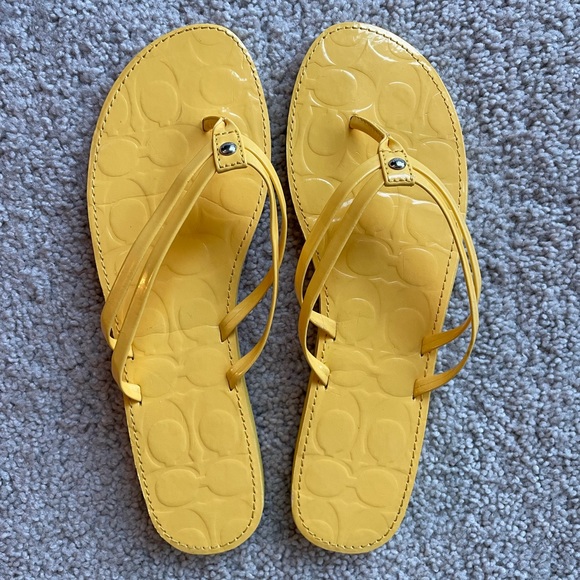 Coach Shoes - Coach, Patent Leather, Debossed, Yellow Flipflop Sandals, Size 11B, Juney, EUC